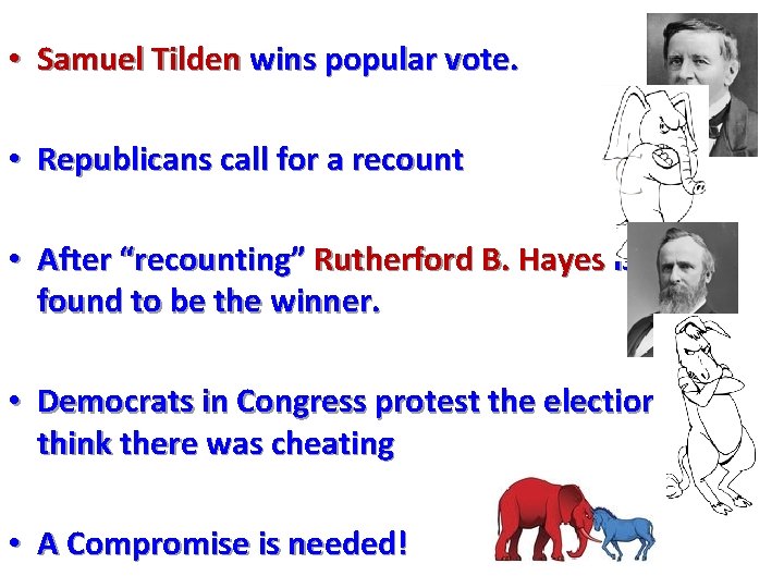  • Samuel Tilden wins popular vote. • Republicans call for a recount •