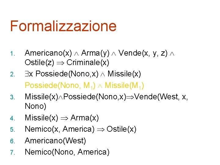 Formalizzazione 1. 2. 3. 4. 5. 6. 7. Americano(x) Arma(y) Vende(x, y, z) Ostile(z)