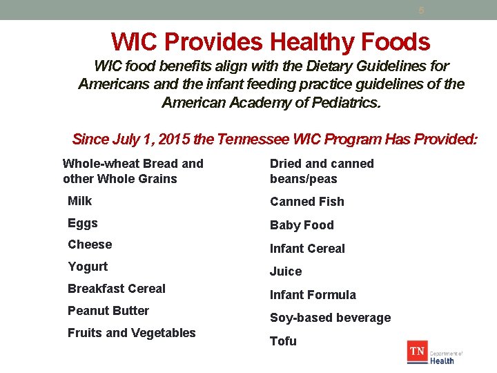 5 WIC Provides Healthy Foods WIC food benefits align with the Dietary Guidelines for