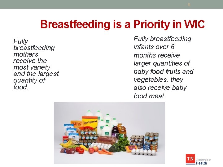 8 Breastfeeding is a Priority in WIC Fully breastfeeding mothers receive the most variety