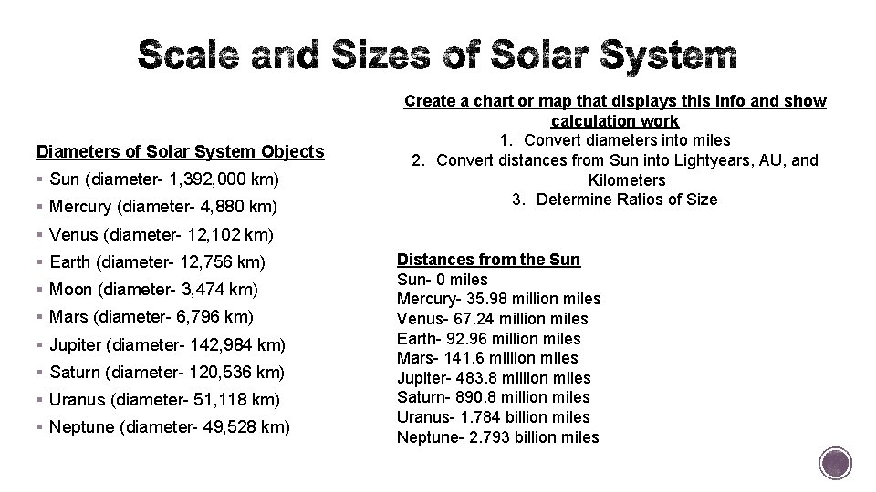 Diameters of Solar System Objects § Sun (diameter- 1, 392, 000 km) § Mercury