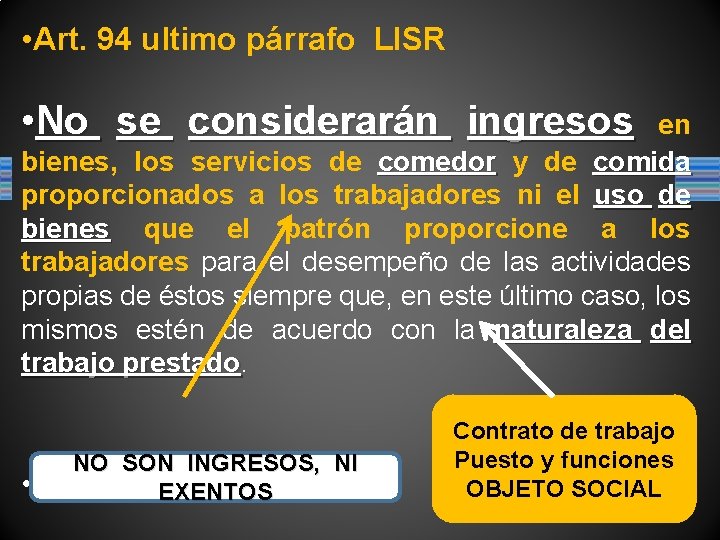  • Art. 94 ultimo párrafo LISR • No se considerarán ingresos en bienes,