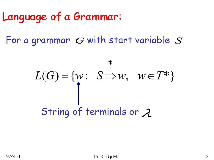 Language of a Grammar: For a grammar with start variable String of terminals or