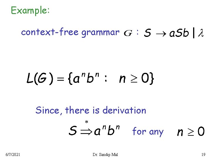 Example: context-free grammar : Since, there is derivation for any 6/7/2021 Dr. Sandip Mal