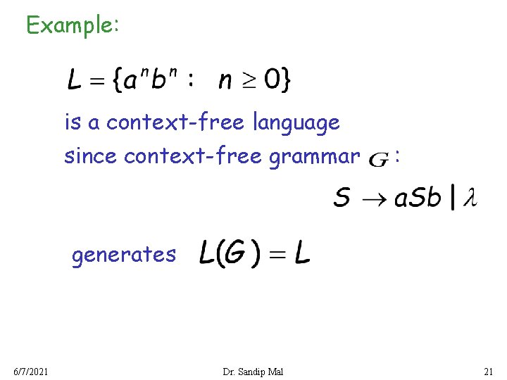 Example: is a context-free language since context-free grammar : generates 6/7/2021 Dr. Sandip Mal