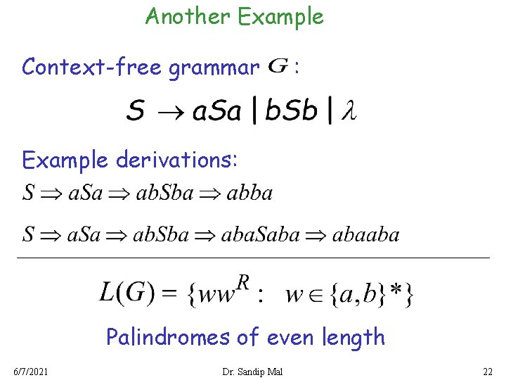 Another Example Context-free grammar : Example derivations: Palindromes of even length 6/7/2021 Dr. Sandip