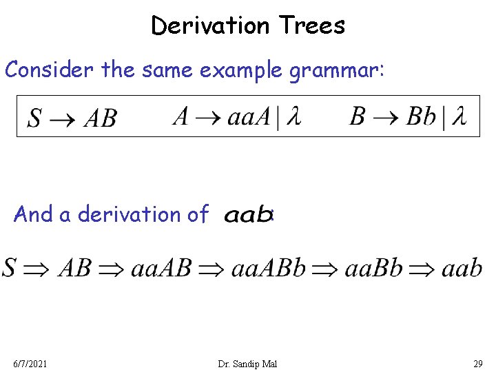 Derivation Trees Consider the same example grammar: And a derivation of 6/7/2021 : Dr.