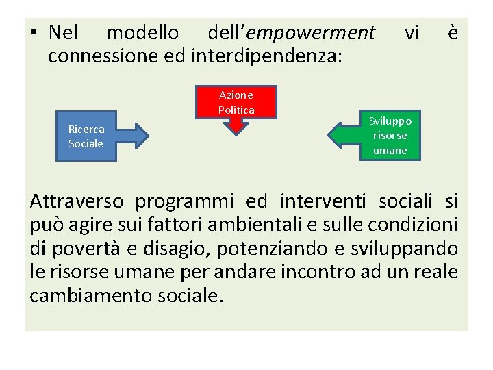  • Nel modello dell’empowerment connessione ed interdipendenza: Azione Politica Ricerca Sociale vi è