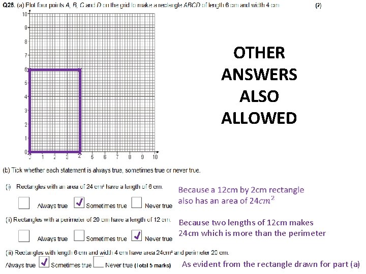 x x OTHER ANSWERS ALSO ALLOWED Because two lengths of 12 cm makes 24