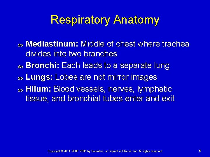 Respiratory Anatomy Mediastinum: Middle of chest where trachea divides into two branches Bronchi: Each
