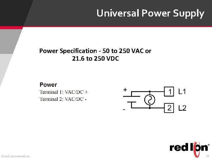 Universal Power Supply Power Specification - 50 to 250 VAC or 21. 6 to