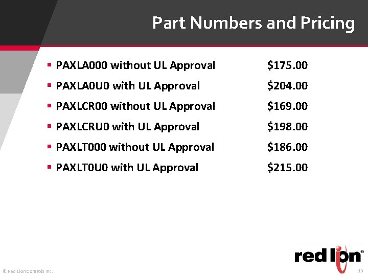 Part Numbers and Pricing § PAXLA 000 without UL Approval $175. 00 § PAXLA