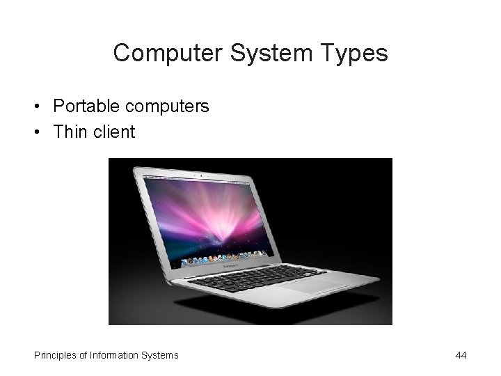 Computer System Types • Portable computers • Thin client Principles of Information Systems 44