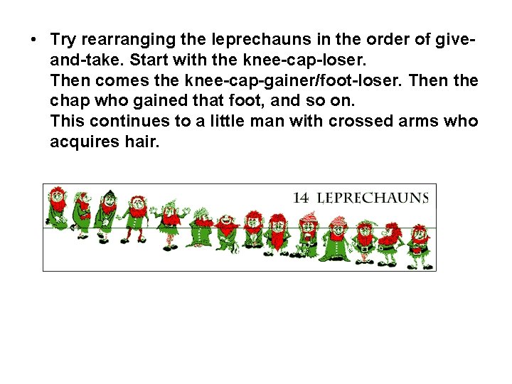  • Try rearranging the leprechauns in the order of giveand-take. Start with the