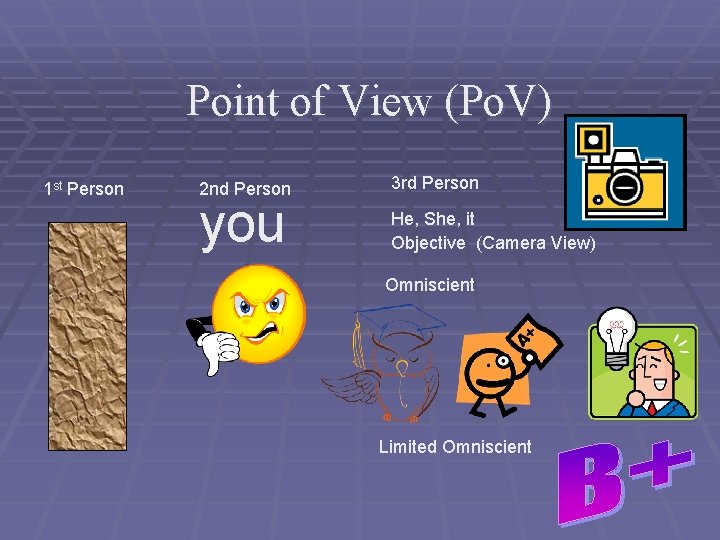 Point of View (Po. V) 1 st Person 2 nd Person you 3 rd