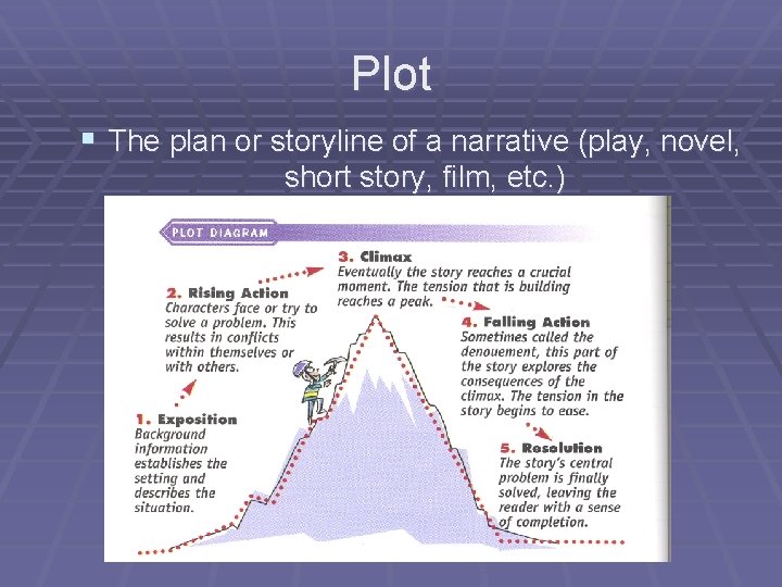 Plot § The plan or storyline of a narrative (play, novel, short story, film,