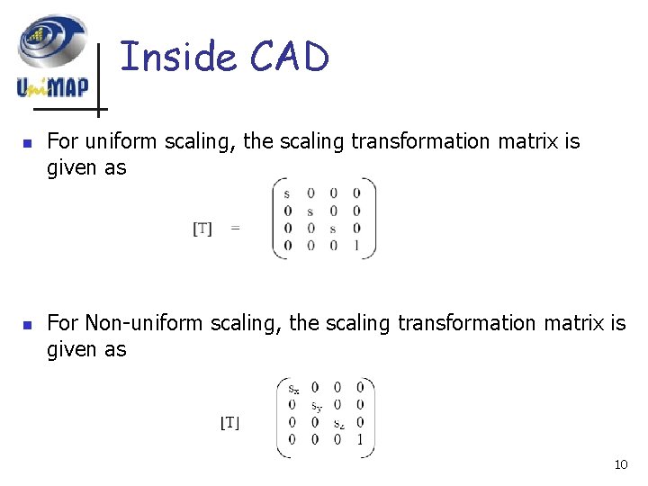 Inside CAD n n For uniform scaling, the scaling transformation matrix is given as