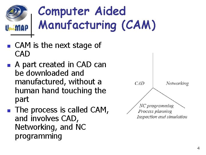 Computer Aided Manufacturing (CAM) n n n CAM is the next stage of CAD