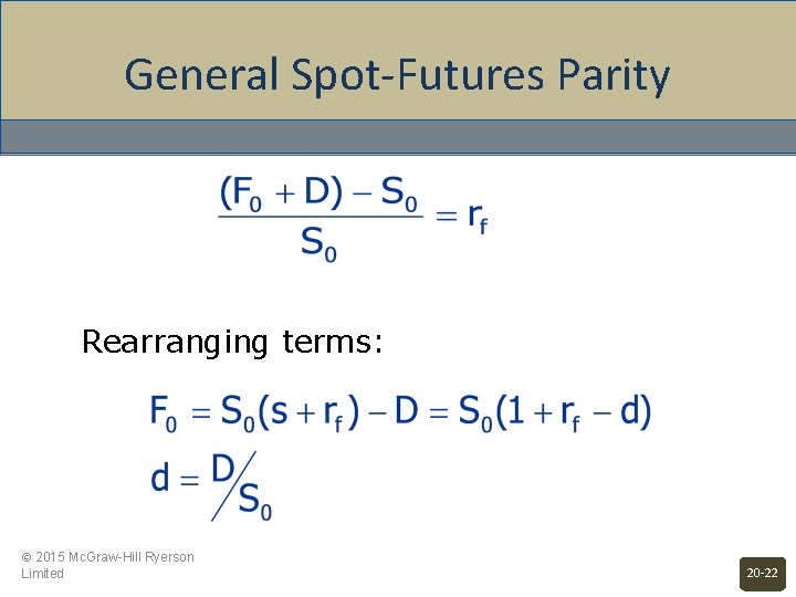 General Spot-Futures Parity Rearranging terms: © 2015 Mc. Graw-Hill Ryerson Limited 20 -22 