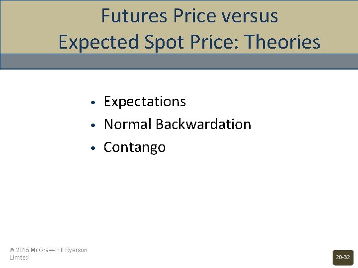 Futures Price versus Expected Spot Price: Theories • • • © 2015 Mc. Graw-Hill