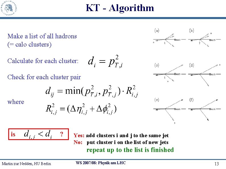 KT - Algorithm Make a list of all hadrons (= calo clusters) Calculate for