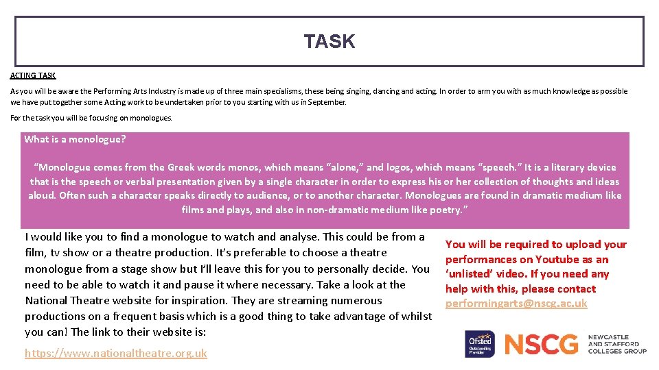 TASK ACTING TASK As you will be aware the Performing Arts Industry is made