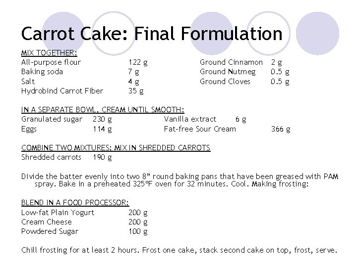 Carrot Cake: Final Formulation MIX TOGETHER: All-purpose flour Baking soda Salt Hydrobind Carrot Fiber