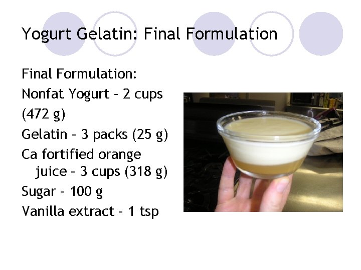 Yogurt Gelatin: Final Formulation: Nonfat Yogurt – 2 cups (472 g) Gelatin – 3