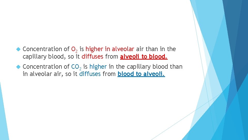 Concentration of O 2 is higher in alveolar air than in the capillary Concentration of O 2 is higher in alveolar air than in the capillary