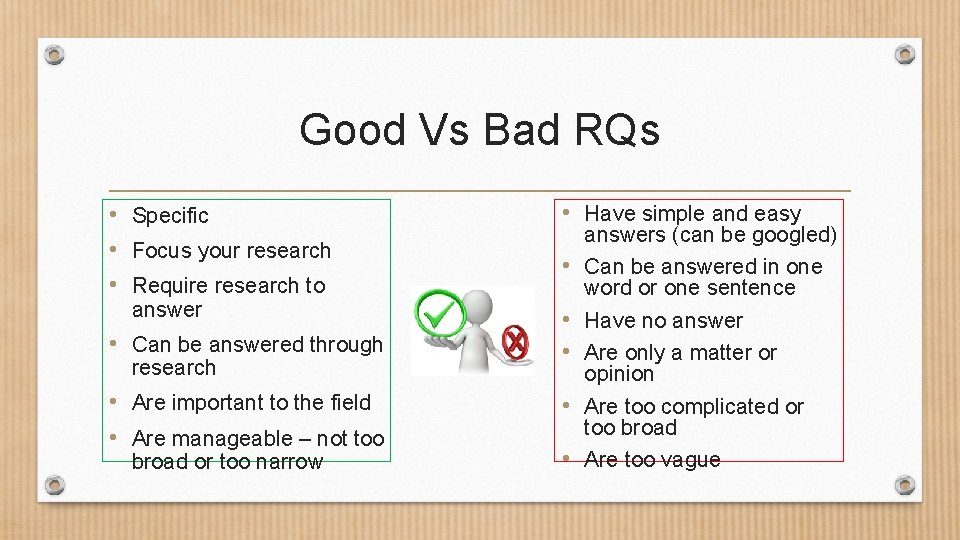 Good Vs Bad RQs • Specific • Focus your research • Require research to Good Vs Bad RQs • Specific • Focus your research • Require research to