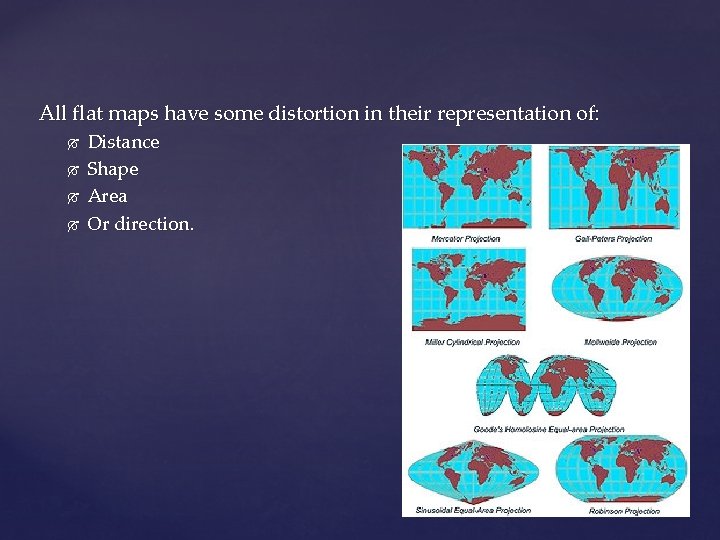 All flat maps have some distortion in their representation of: Distance Shape Area Or