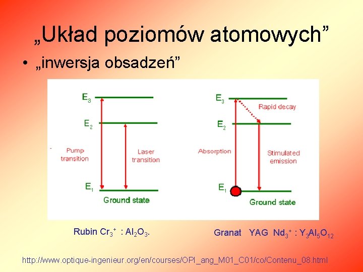 „Układ poziomów atomowych” • „inwersja obsadzeń” Rubin Cr 3+ : Al 2 O 3.