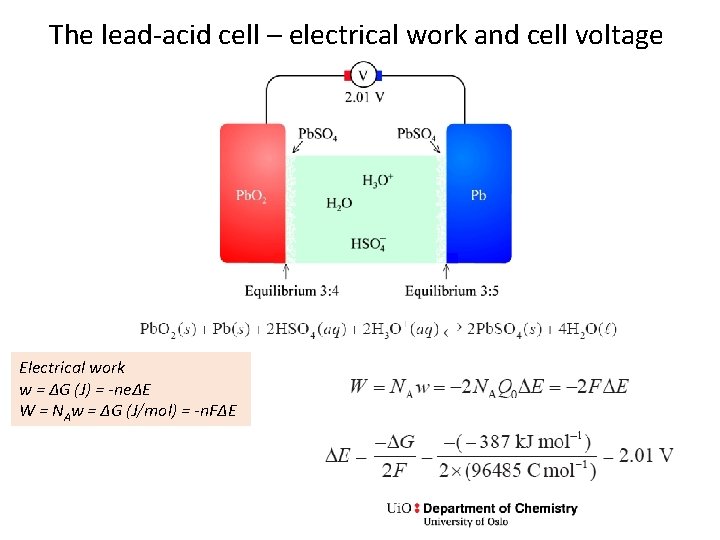 The lead-acid cell – electrical work and cell voltage Electrical work w = ΔG