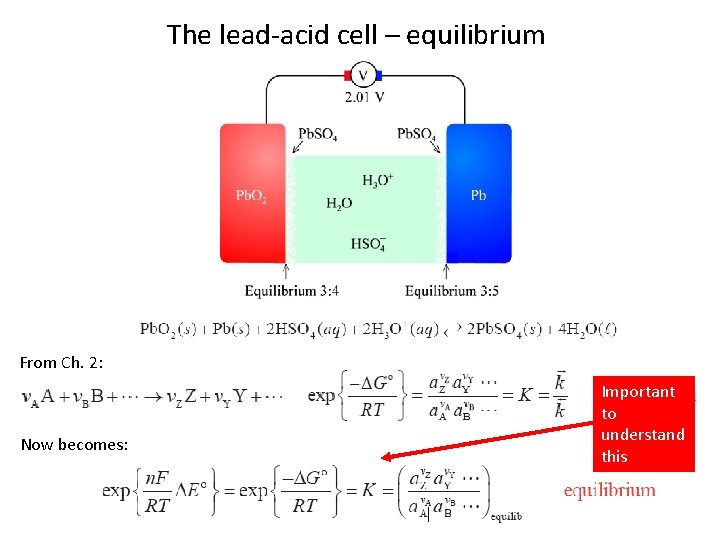 The lead-acid cell – equilibrium From Ch. 2: Now becomes: Important to understand this