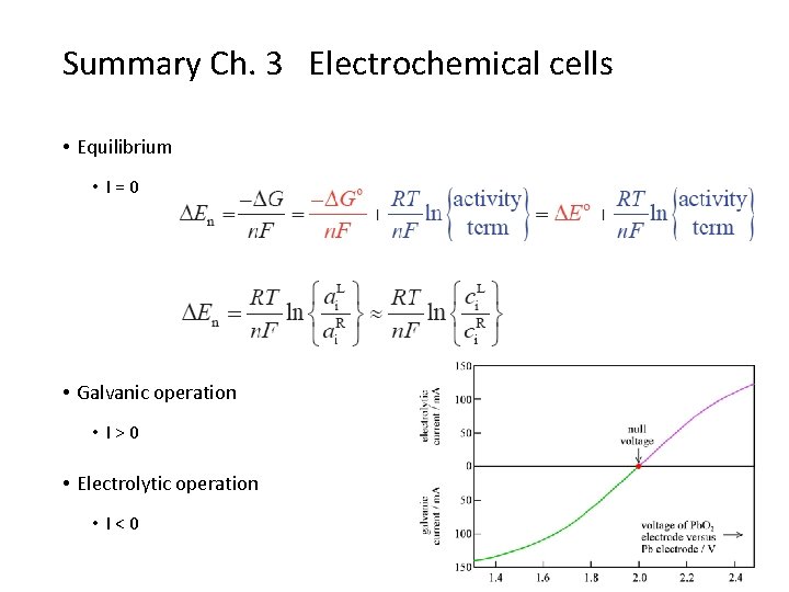 Summary Ch. 3 Electrochemical cells • Equilibrium • I=0 • Galvanic operation • I>0