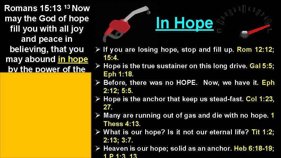 Romans 15: 13 13 Now may the God of hope fill you with all