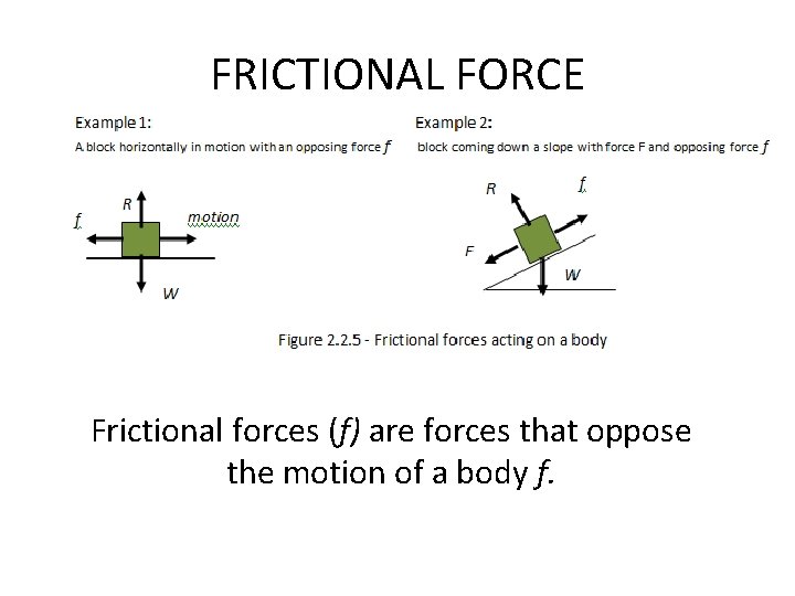 FRICTIONAL FORCE Frictional forces (f) are forces that oppose the motion of a body