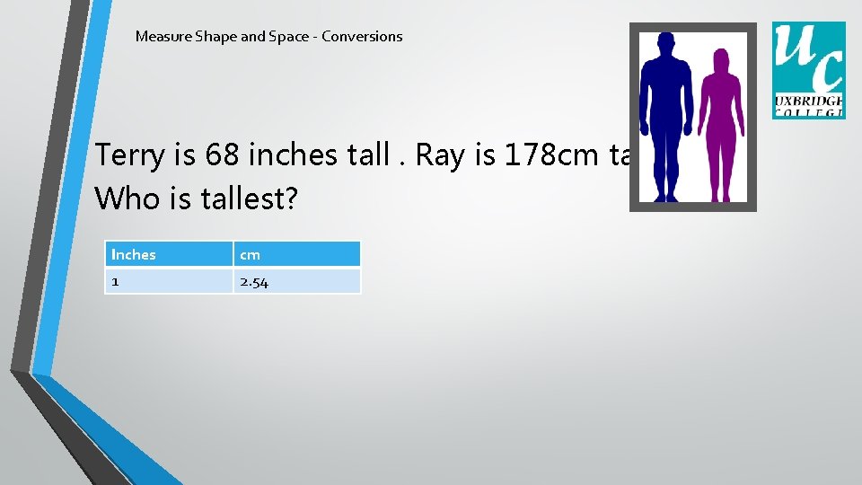 Measure Shape and Space - Conversions Terry is 68 inches tall. Ray is 178