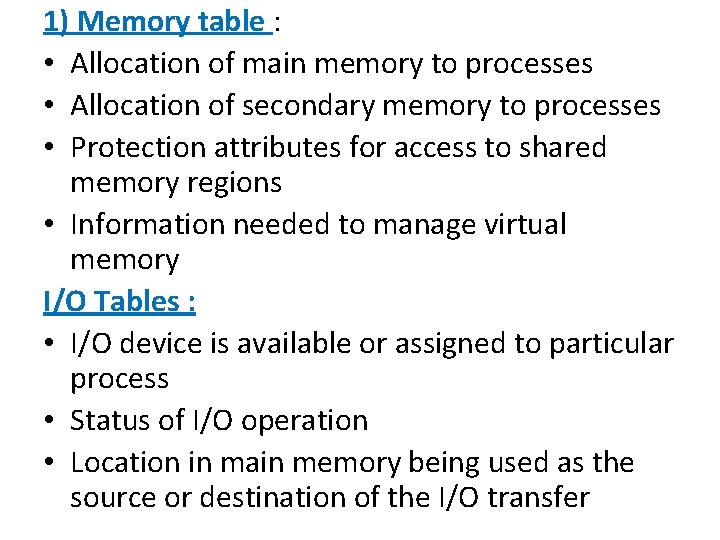 1) Memory table : • Allocation of main memory to processes • Allocation of