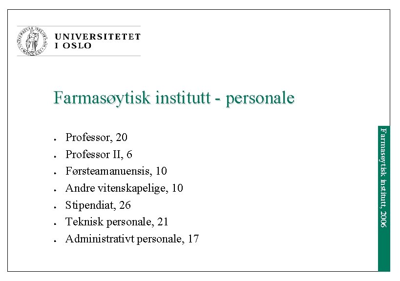 Farmasøytisk institutt - personale l l l Professor, 20 Professor II, 6 Førsteamanuensis, 10