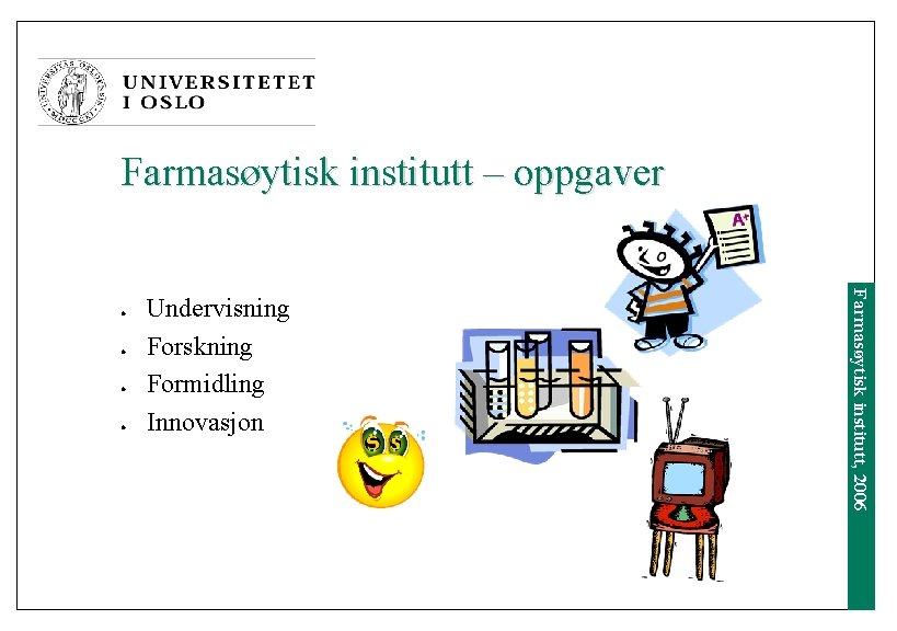 Farmasøytisk institutt – oppgaver l l l Undervisning Forskning Formidling Innovasjon Farmasøytisk institutt, 2006