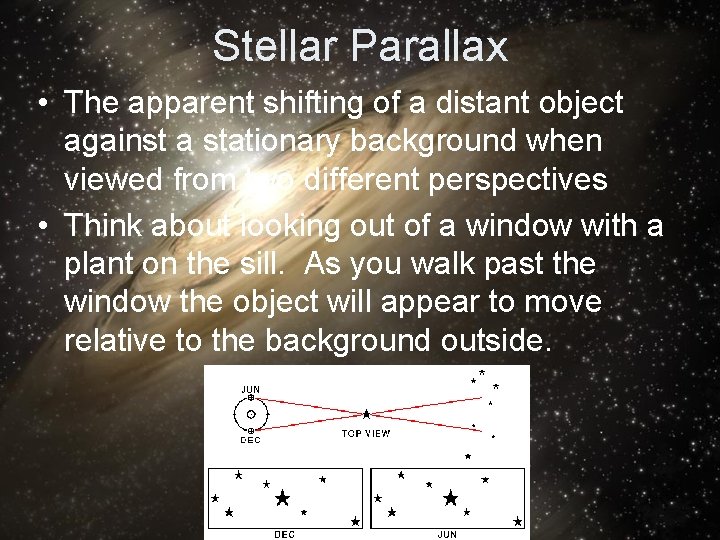 Stellar Parallax • The apparent shifting of a distant object against a stationary background