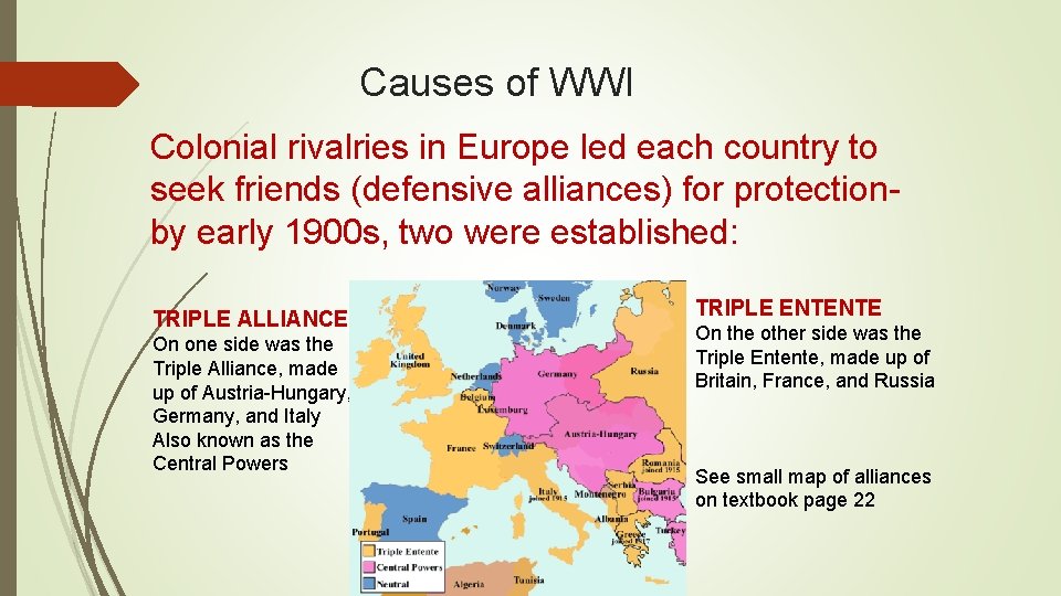 Causes of WWI Colonial rivalries in Europe led each country to seek friends (defensive
