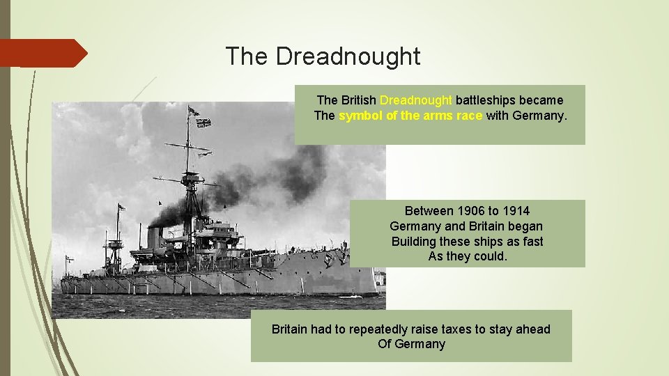The Dreadnought The British Dreadnought battleships became The symbol of the arms race with