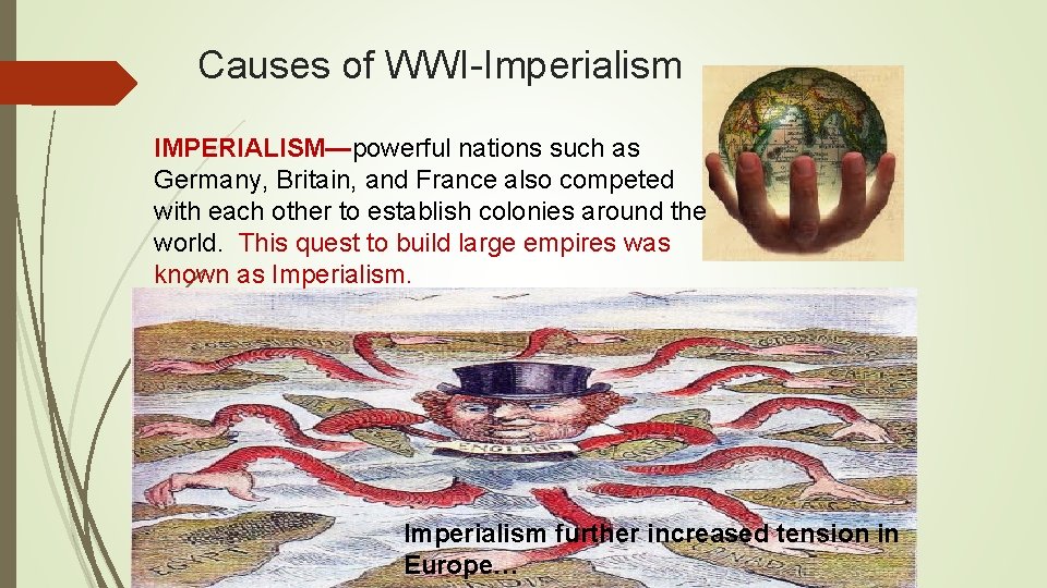 Causes of WWI-Imperialism IMPERIALISM—powerful nations such as Germany, Britain, and France also competed with