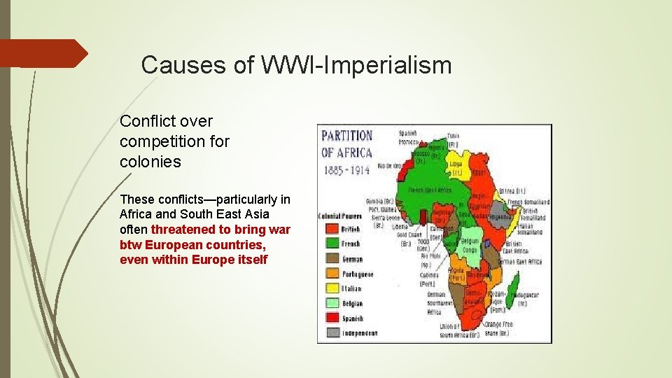 Causes of WWI-Imperialism Conflict over competition for colonies These conflicts—particularly in Africa and South