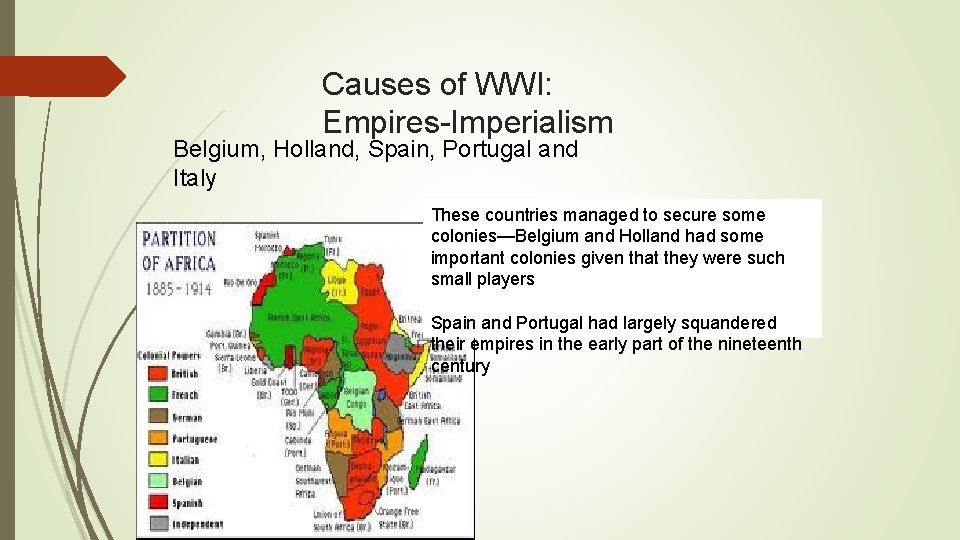 Causes of WWI: Empires-Imperialism Belgium, Holland, Spain, Portugal and Italy These countries managed to