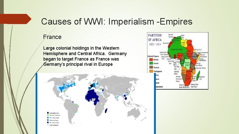 Causes of WWI: Imperialism -Empires France Large colonial holdings in the Western Hemisphere and