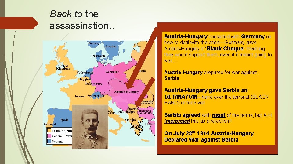 Back to the assassination. . Austria-Hungary consulted with Germany on how to deal with