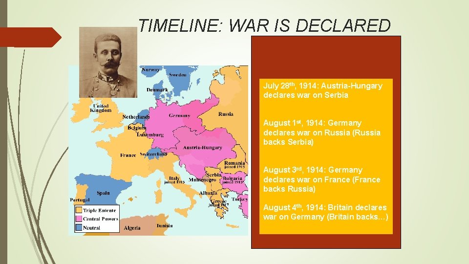 TIMELINE: WAR IS DECLARED July 28 th, 1914: Austria-Hungary declares war on Serbia August